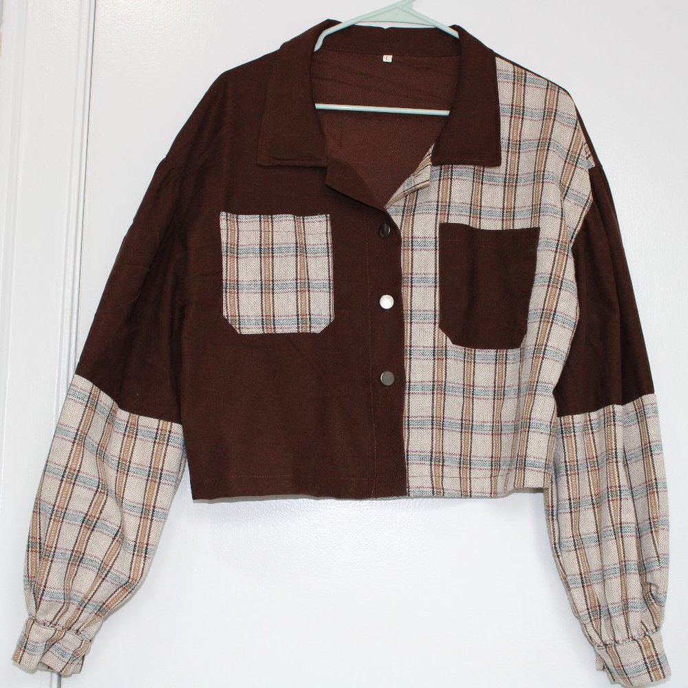 SHEIN Tartan Panel Corduroy Crop Jacket